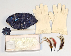 Vtg Hallmark Wedding Set Lace Garter Sequin Yamaka Gloves Feathers Patch 70s USA