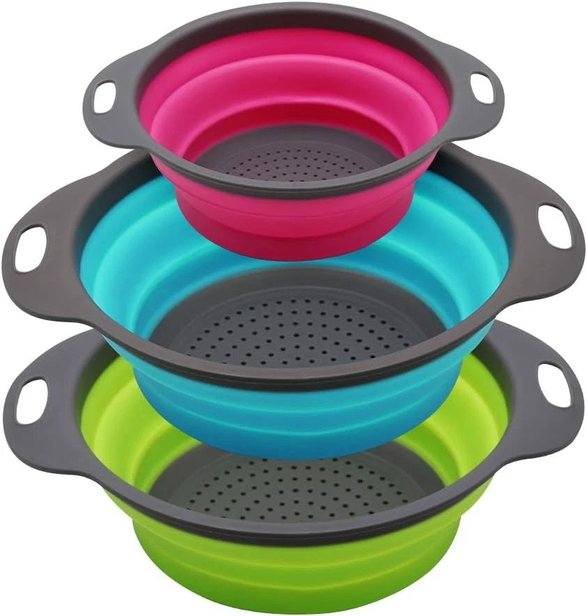 Collapsible Colander Set of 3 Round Silicone Kitchen Strainer Set 2 pcs 4 Quart