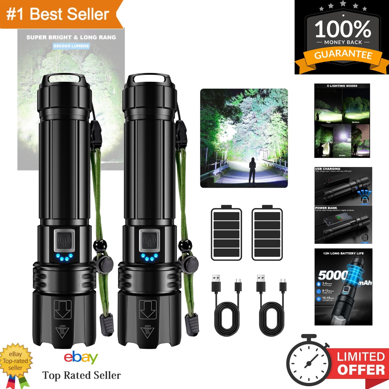 990,000 Lumens Rechargeable LED Flashlights - Waterproof & Versatile 2 Pack