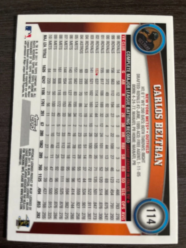 2011 Topps Chrome Carlos Beltran #114 Retail Xfractor Refractor NY Mets - Image 2 of 2