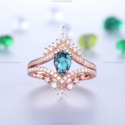 Bridal Statement Engagement Ring 14k Gold Turquoise Moissanite Gemstone Jewelry - Picture 4 of 6