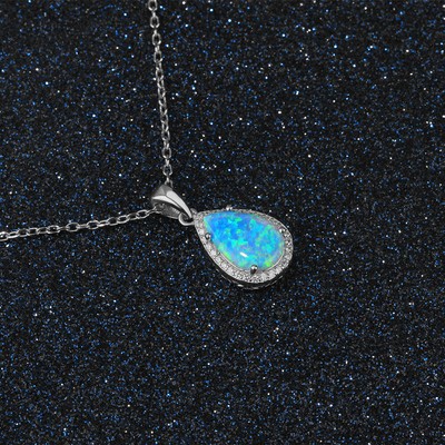 Sterling Silver Blue Opal Teardrop Pendant Necklace 45cm