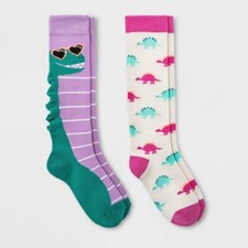 Cat Jack Girls' 2 Pack Multicolor Dinosaur Knee High Socks Size Large 3-10