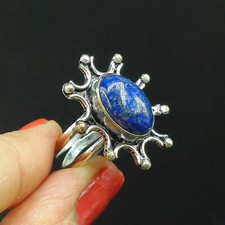 Natural Lapis Lazuli Oval Gemstone 925 Sterling Silver Ring Size-7.5 US