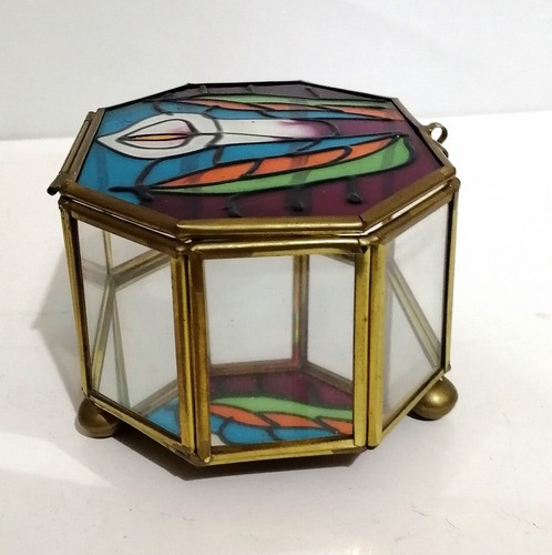 Art Deco Brass Glass Mirror Sides Floral Stained Glass Lid Jewellery Trinket Box - Picture 4 of 11
