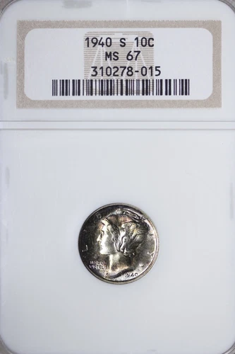 GEM++ BU 1940-S Mercury Dime NGC MS67 Pleasing Toning Older Style Holder KFK