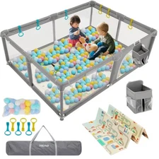 HEAO Baby Playpen with Play Mat, Collapsible Play yard 79x59"  with 30 Pit Balls
