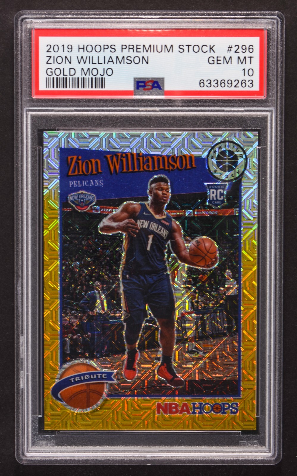 2019 HOOPS PREMIUM STOCK GOLD MOJO PRIZM ZION WILLIAMSON #296 1/10 PSA 10