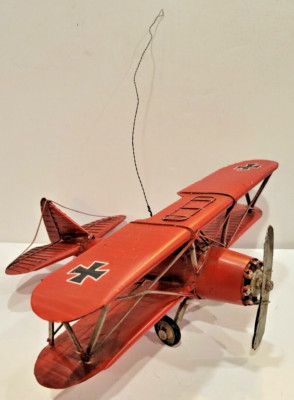 Vintage Red Baron Tin Metal WW1 German Bi-Plane Aircraft Rustic Decor Model 10''L