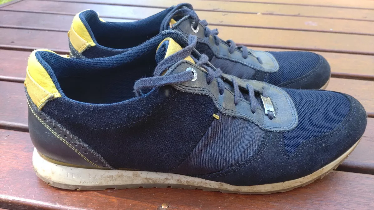 Mens TED BAKER Shindlt Navy Yellow Suede Casual Trainers US12