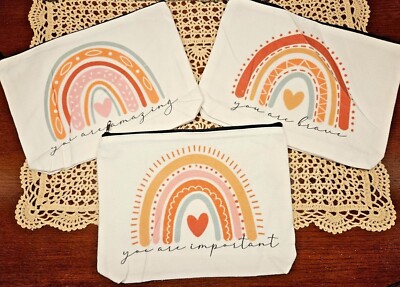 Choice of NEW Rainbow Zipper Make-up Pouch w/ Inspirational Saying 11'' x 7''
