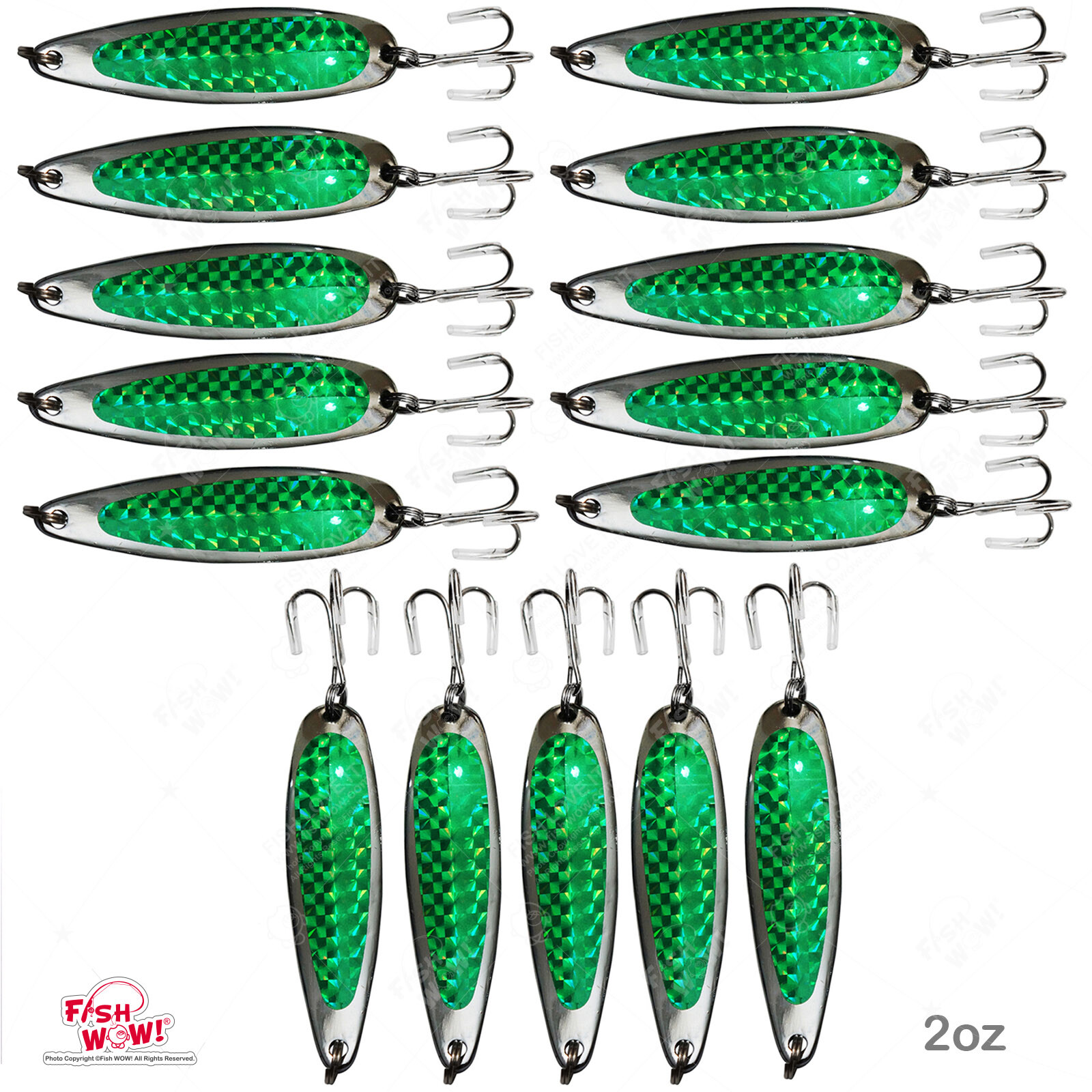 15pcs 2oz Fishing Spoons Trolling Flutter Treble Hook Casting Jigs Green tape - Image 1