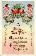 New Years Cherubs Angels Ringing Gold Bells P.U. 1914 Stamp Flag Cancel  (Z353)
