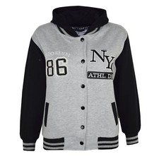 Kids Girls Baseball NYC ATHLETIC Grey Hooded Jacket Varsity Hoodie Age 5-13 Year