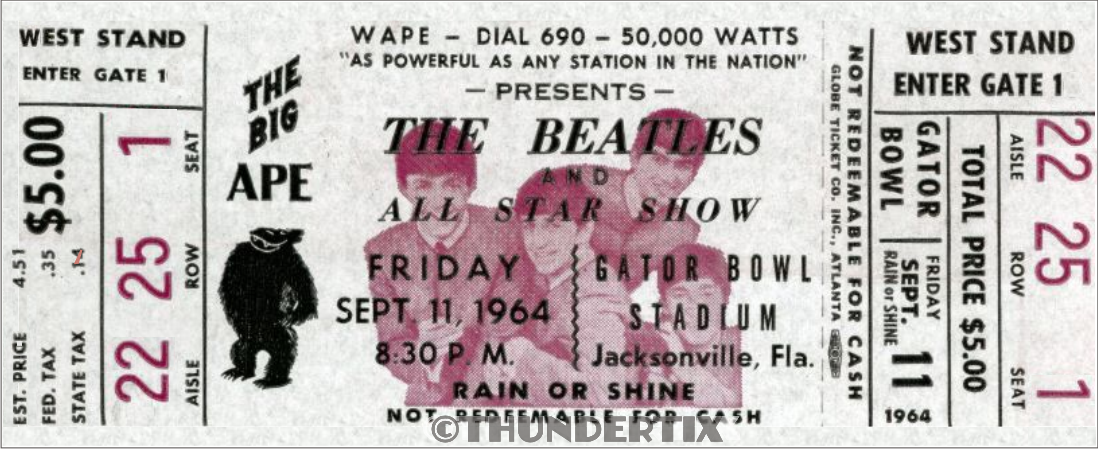 1 BEATLES UNUSED FULL CONCERT TICKET 1964 Jacksonville FL wh