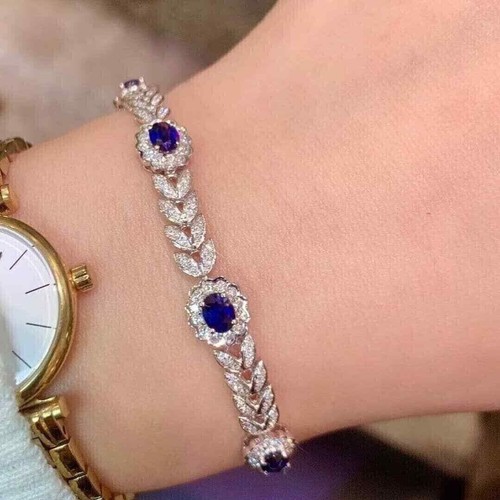 8CT Oval Cut Lab Created 14K White Gold Plated Silver Sapphire Tennis Bracelet - Picture 4 of 4