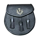 Scottish Kilt Sporran / Pouch, Real Black Cowhide Leather  with Antique Thistle