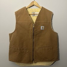 Vintage Carhartt Vest Brown Duck Canvas Sherpa Lined Mens XL Tall USA Made