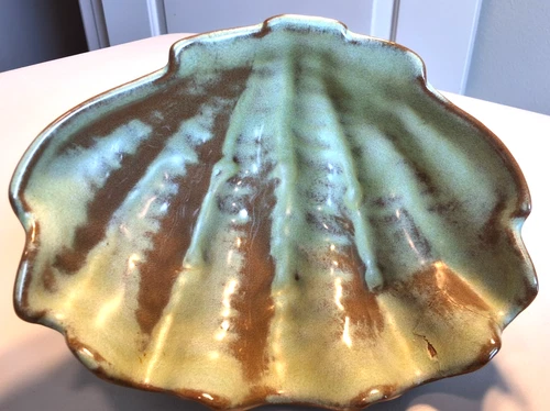 Frankoma Clam Shell Bowl Prairie Green Vintage Pottery 7 inch Footed USA, repair