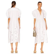 Ganni Broderie Anglaise White Midi Dress Puff Sleeve Smocked Waist EU 36 US 4