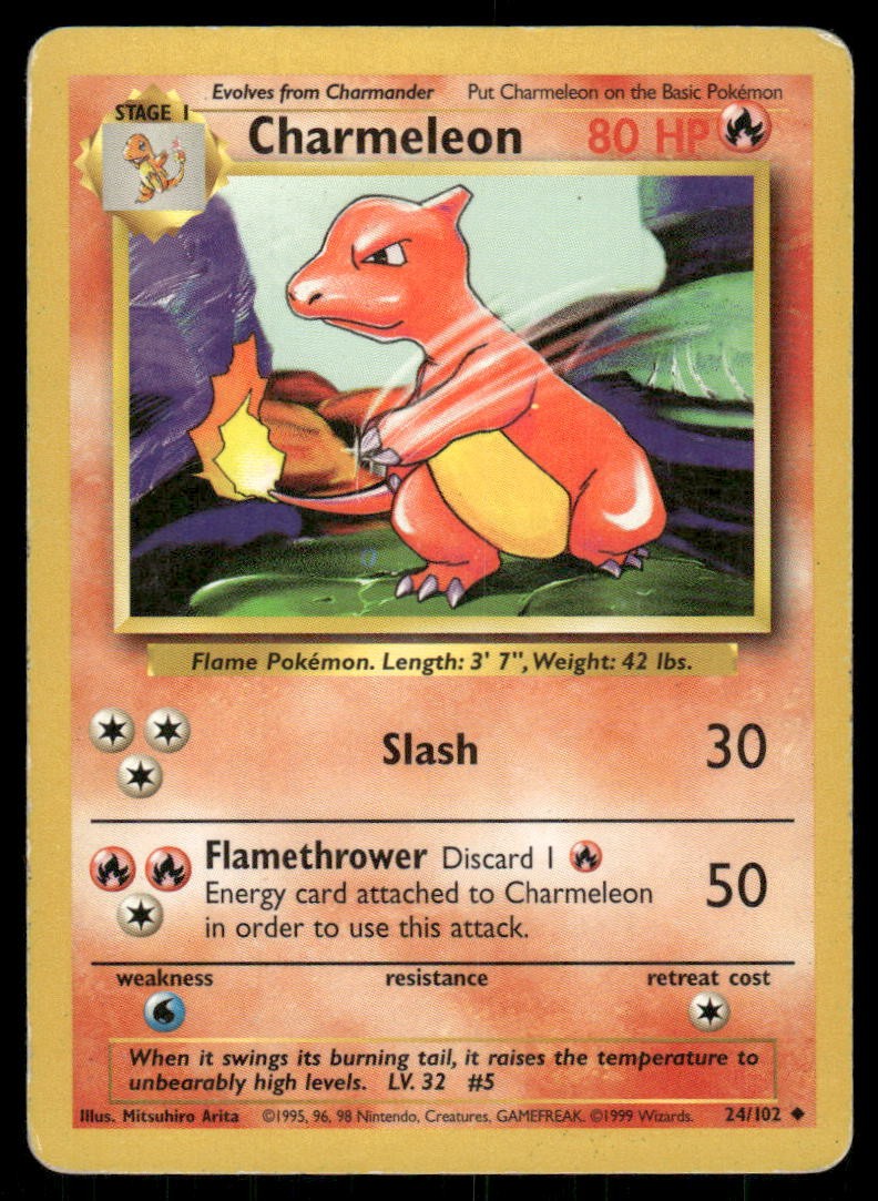 Charmeleon 24/102 Uncommon Base Set Unlimited Pokemon Heavily Played