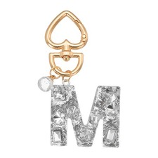 Initial Letter Keychain, Cute Heart Crystal Keychain Letter M, Silver