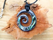 New Zealand Abalone Paua Maori Spiral Koru Pendant On 18"/46cm Cord Necklace