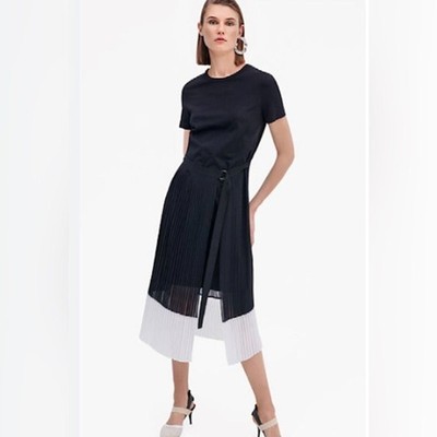 RIANI Midi Dress T Shirt Top Pleated Skirt Attached Lux Black White SZ 12 EUC