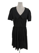 M&S Women's Mini Smock Dress Black Peter Pan Collar Short Sleeve 100% Cotton New