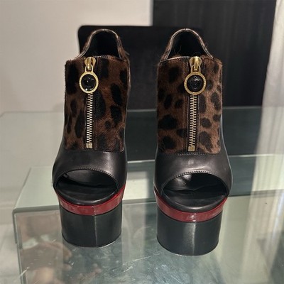 Versace Women s 5.5 Animal Print Leather/Fur Platform Stiletto Open Toe Zip