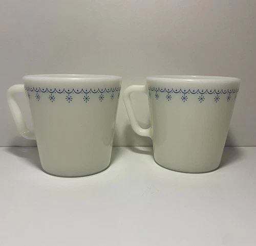 Vintage Pyrex Blue Snowflake Garland Mugs (Set of 2 Lot) Coffee Cups Mugs Drink