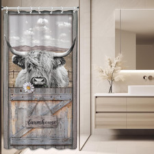Funny Highland Cow Rustic Shower Curtain Farmhouse Bull Wooden 36Wx72L Inch  Ba