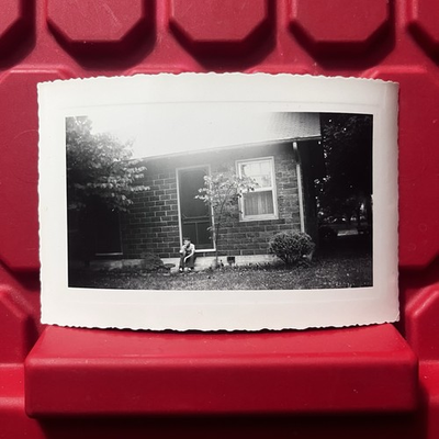 #ad Boy Sitting In Front Of Brick House 5 1 8 x 3 1 4 Photograph Vintage 1950s $2.49