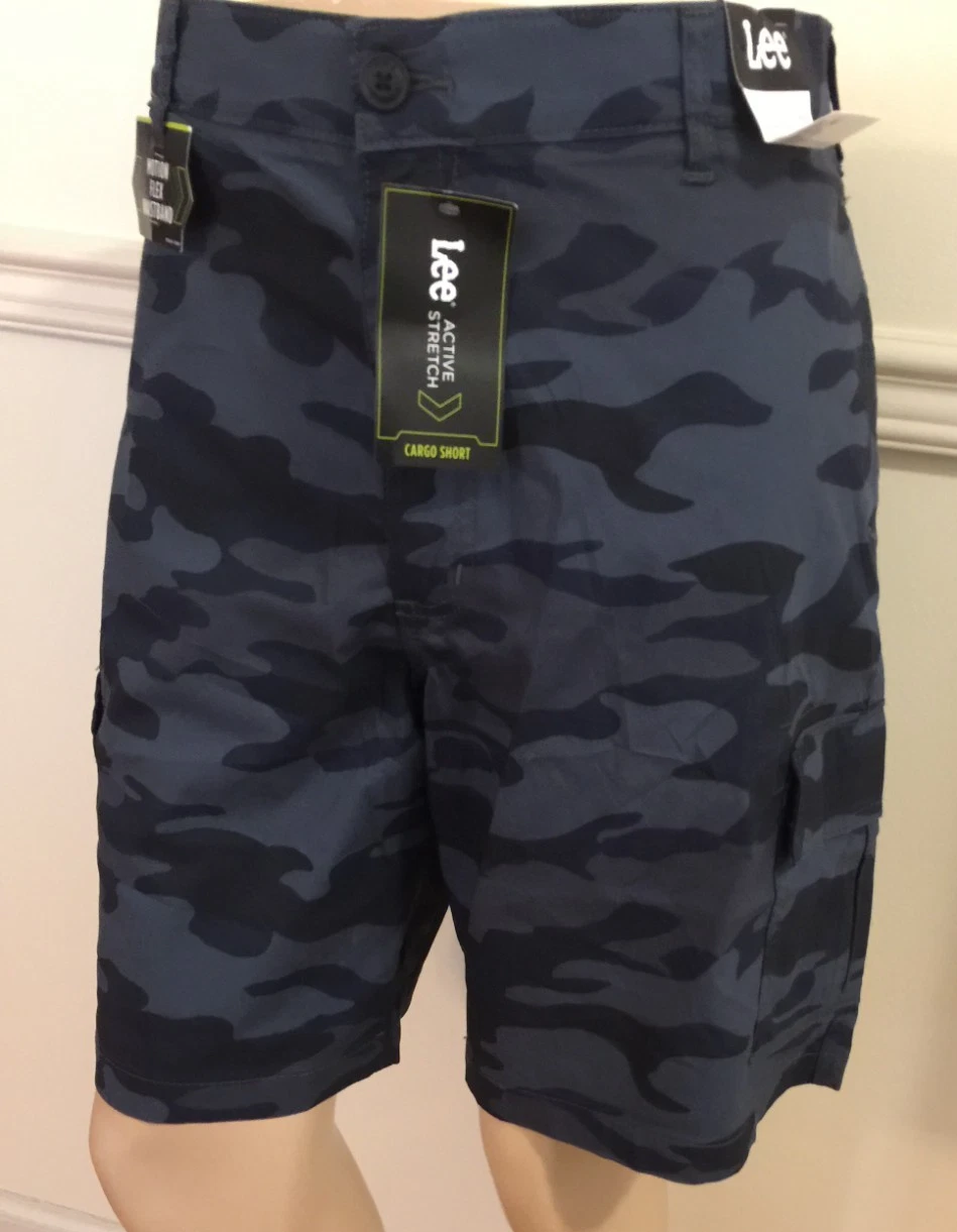 NWT Lee Men Blue Camouflage Cargo Short 38 W, 40 W, 44W 10" I Stretch Waist