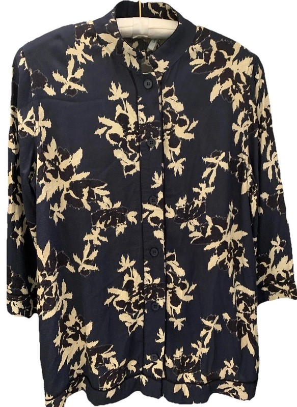 Ganni Women’s 3/4 Sleeve Shirt Top Large Floral Navy Designer 