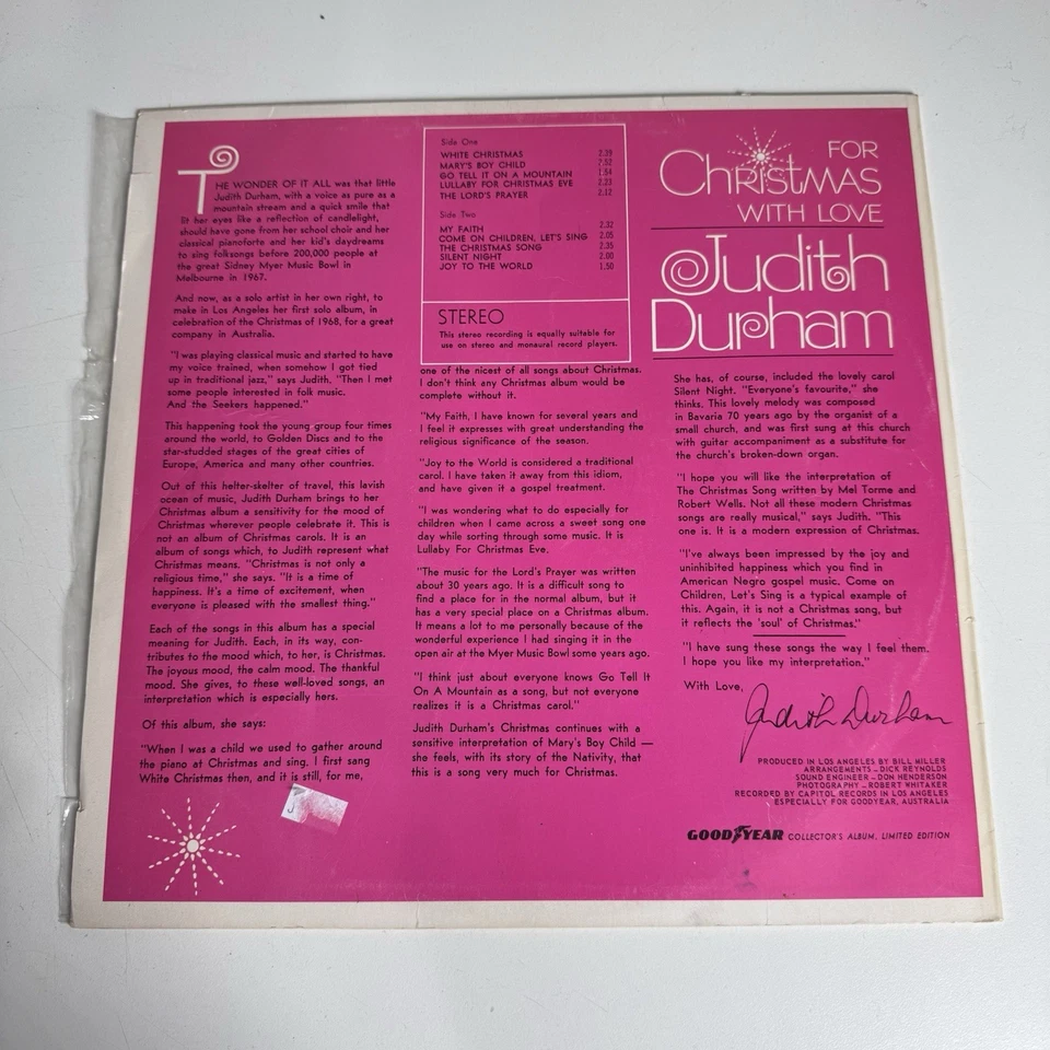 Judith Durham For Christmas With Love Vinyl LP Goodyear Records DCR1 - Image 2 of 4