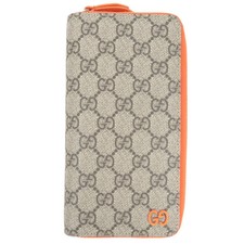 GUCCI GG Supreme Round Zipper Long Wallet Beige Orange 822051 Authentic