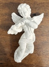 Vintage 12cm Angel w/ Violin Bright White Chalk Plaster Made Cherubs Wall Hanger