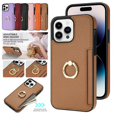 For iPhone 15 Pro Max 14 13 12 11 XR Rotation Ring Case Slim Leather Card Cover