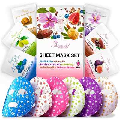 6 Pack of Sheet Face Masks Skincare - Collagen Face Mask Sheets with Hyaluronic
