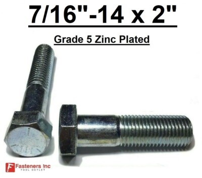7/16-14 x 2'' (PT) Hex Bolt Zinc Plated Grade 5 Cap Screw Coarse Thread