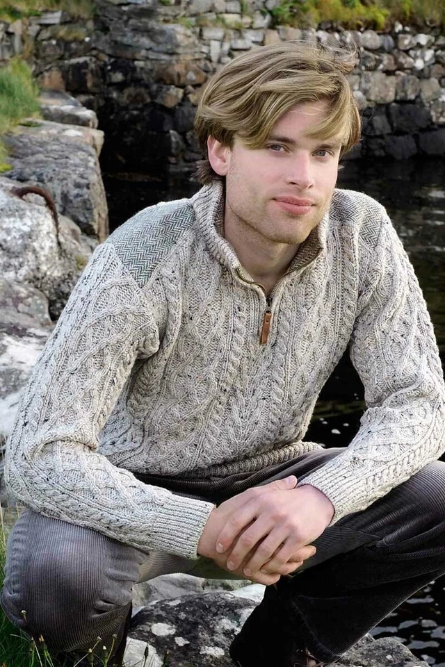 Mens Aran Sweater Oatmeal 100% Merino Wool Knitted Irish Traditional Gift - Image 2 of 3
