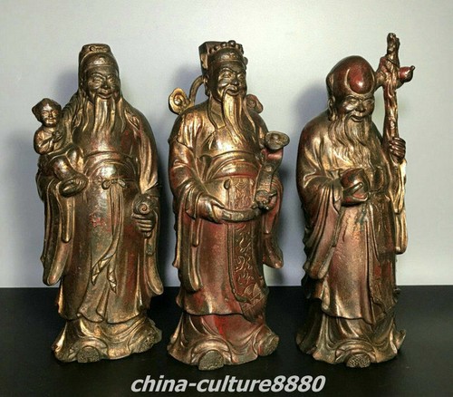 12" Old China Pure Bronze Gild 3 Longevity God Fu Lu Shou Life Buddha Statue Set - Picture 2 of 9