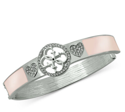 GUESS Silver-Tone Pavé Heart & Logo Bangle Bracelet 