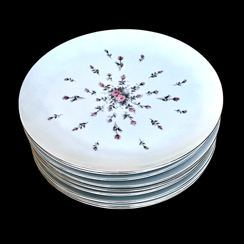Harmony House Rosebud Dawn Grey  10" Dinner Plates Pink Flowers  Set of 7 EUC