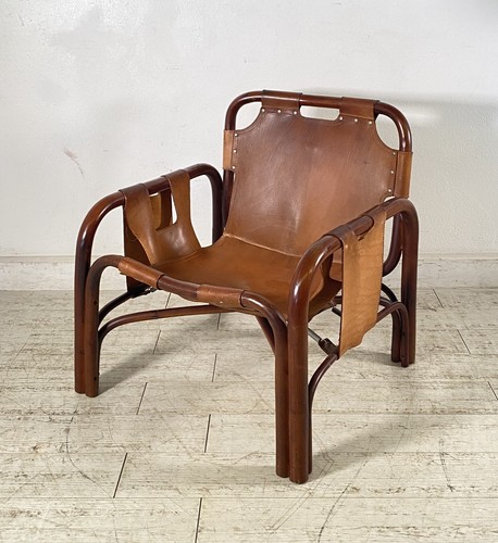POLTRONA DESIGN ANNI 60 Tito Agnoli MOD Safari BAMBU CUOIO SEDIA ARMCHAIR