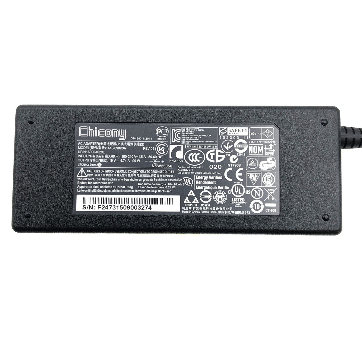 Chicony - Cargador adaptador de corriente para ordenador portátil A10