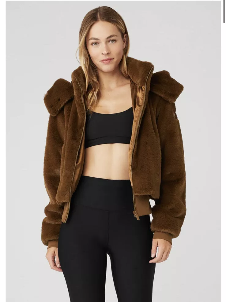 ALO YOGA FAUX FUR FOXY JACKET CHOCOLATE BROWN Removable Hoodie