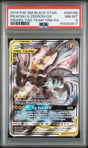 2019 Pokemon Sun & Moon Pikachu & Zekrom GX Tag Team Promo #SM168 PSA 8