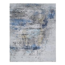 7'10"x10' Gray Wool and Silk Hand Knotted Modern Abstract Design Rug R64184